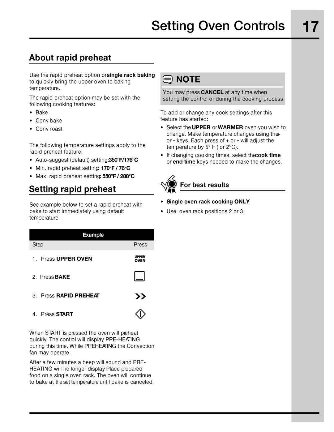 Electrolux 316471400 manual Setting Oven Controls, About rapid preheat, Setting rapid preheat, For best results 