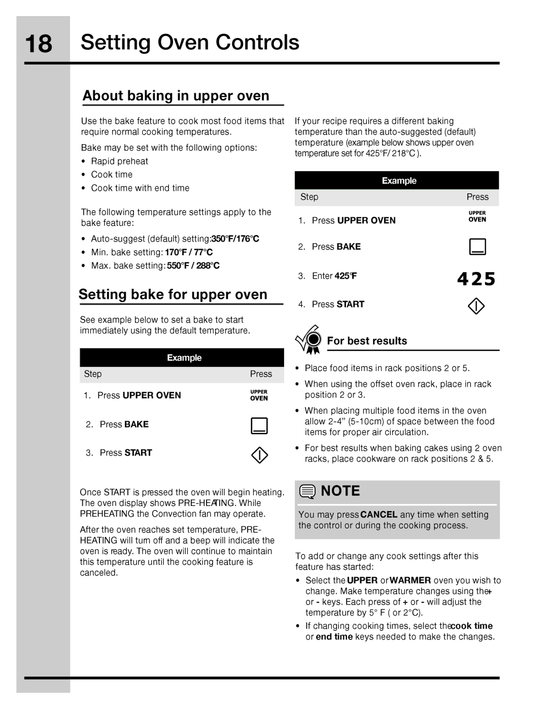 Electrolux 316471400 manual About baking in upper oven, Setting bake for upper oven 