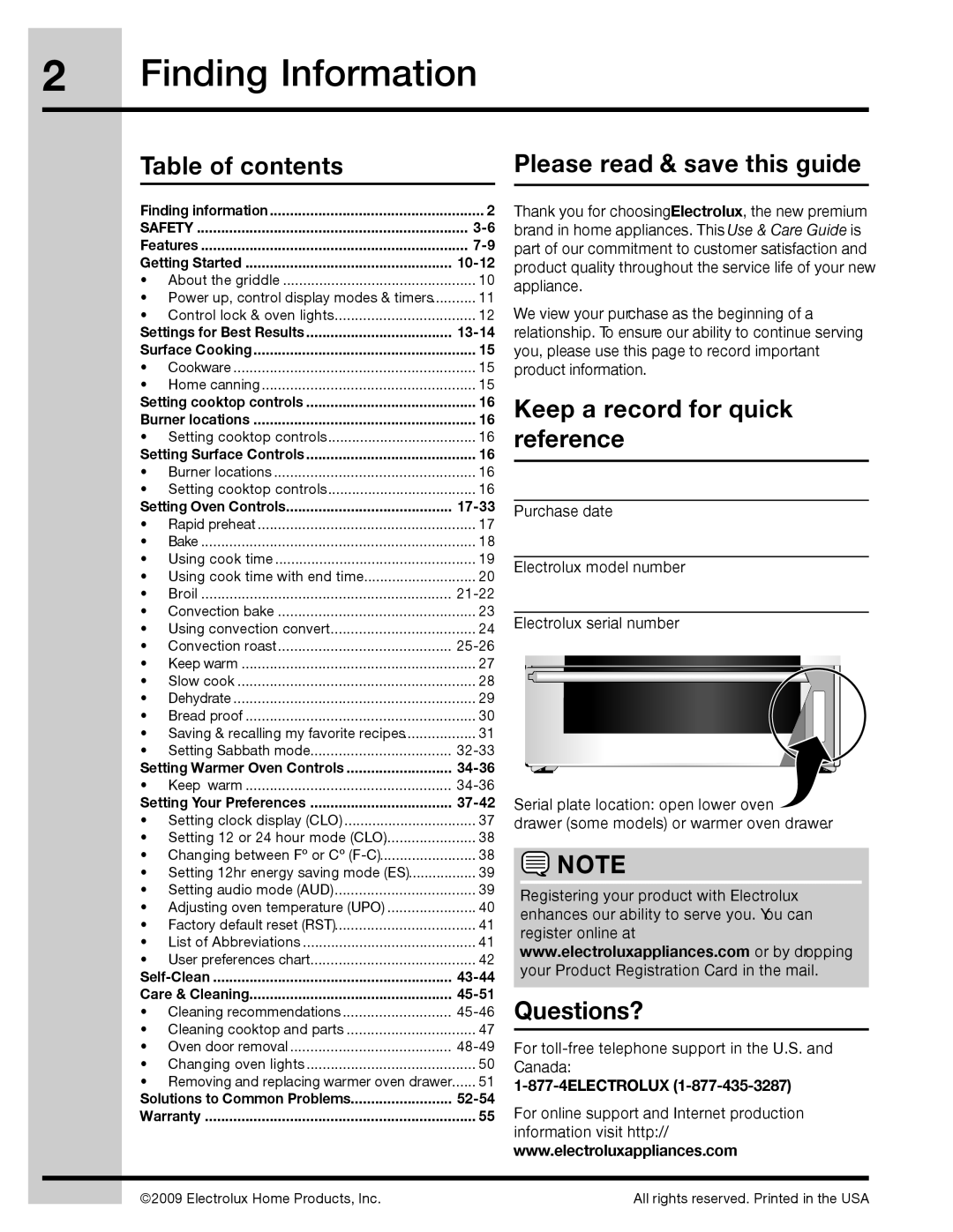 Electrolux 316471400 manual Finding Information, Table of contents Please read & save this guide, Questions? 