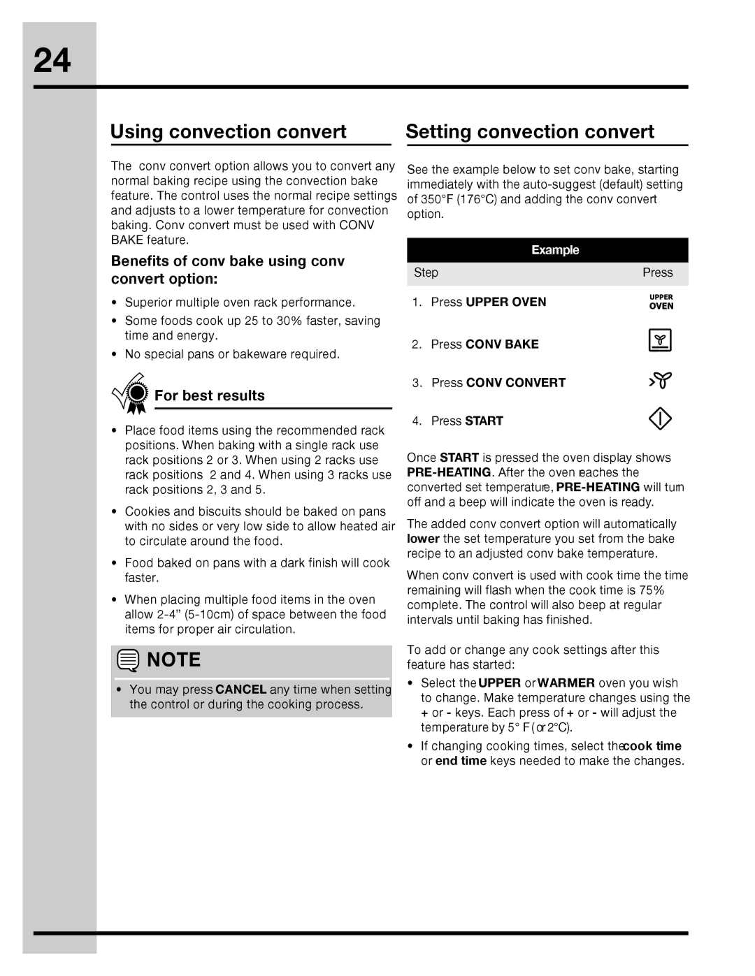 Electrolux 316471400 Using convection convert Setting convection convert, Benefits of conv bake using conv convert option 