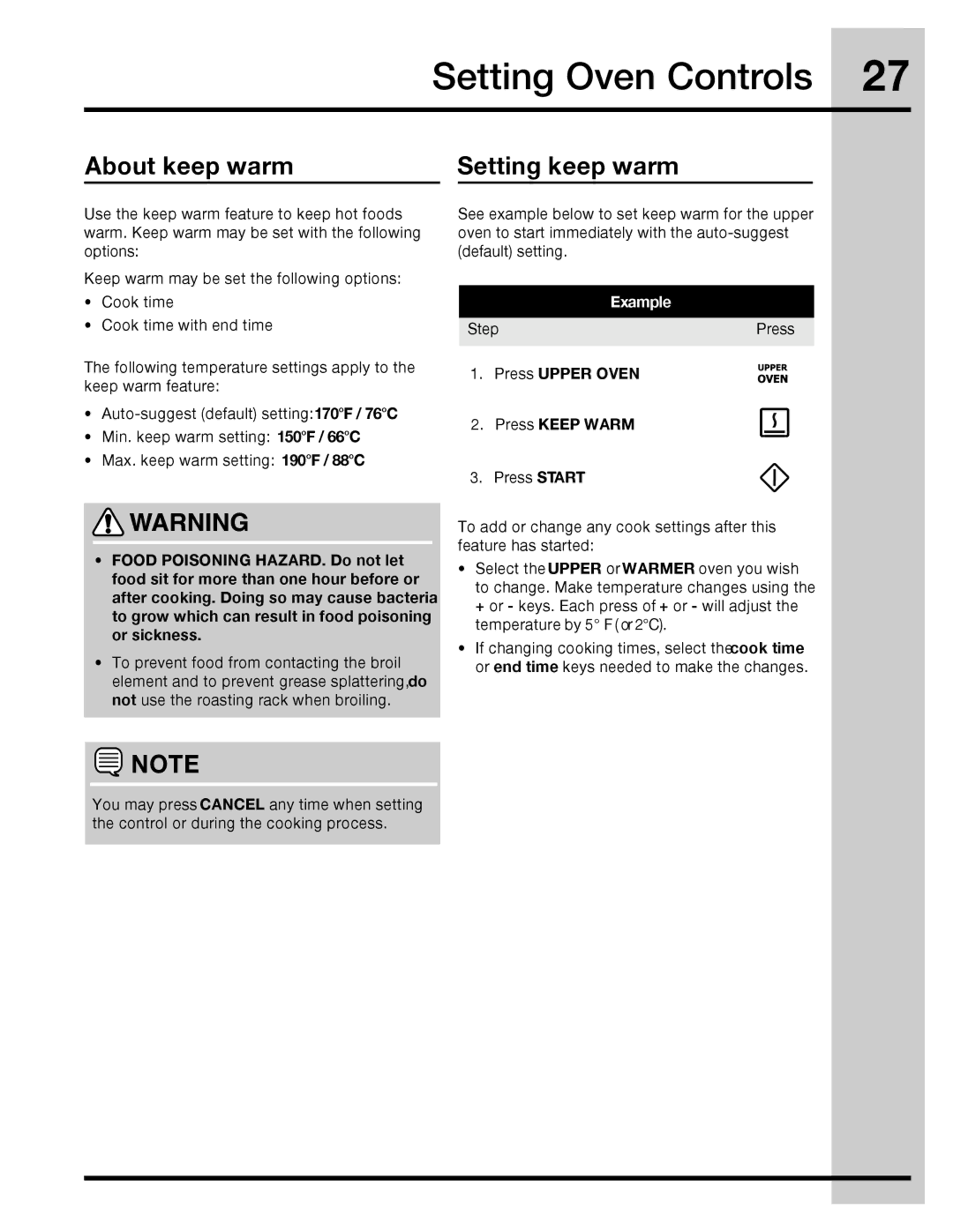 Electrolux 316471400 manual About keep warm Setting keep warm, Press Upper Oven 