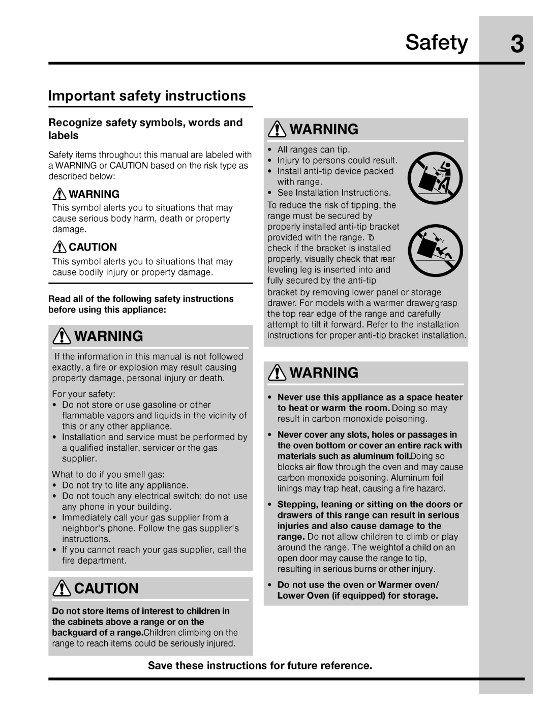 Electrolux 316471400 manual Safety, Important safety instructions, Recognize safety symbols, words and labels 