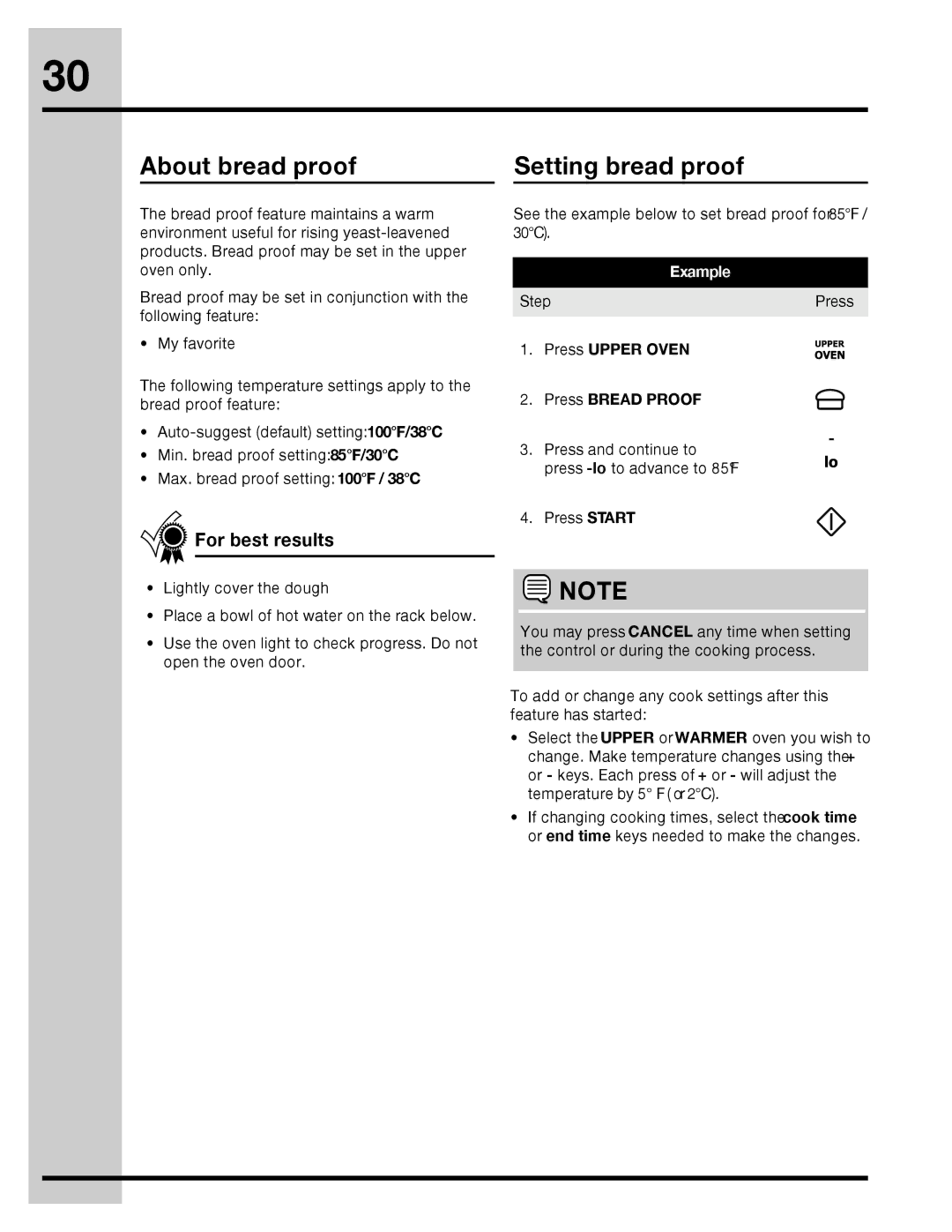 Electrolux 316471400 manual About bread proof, Setting bread proof, Press Upper Oven Press Bread Proof 