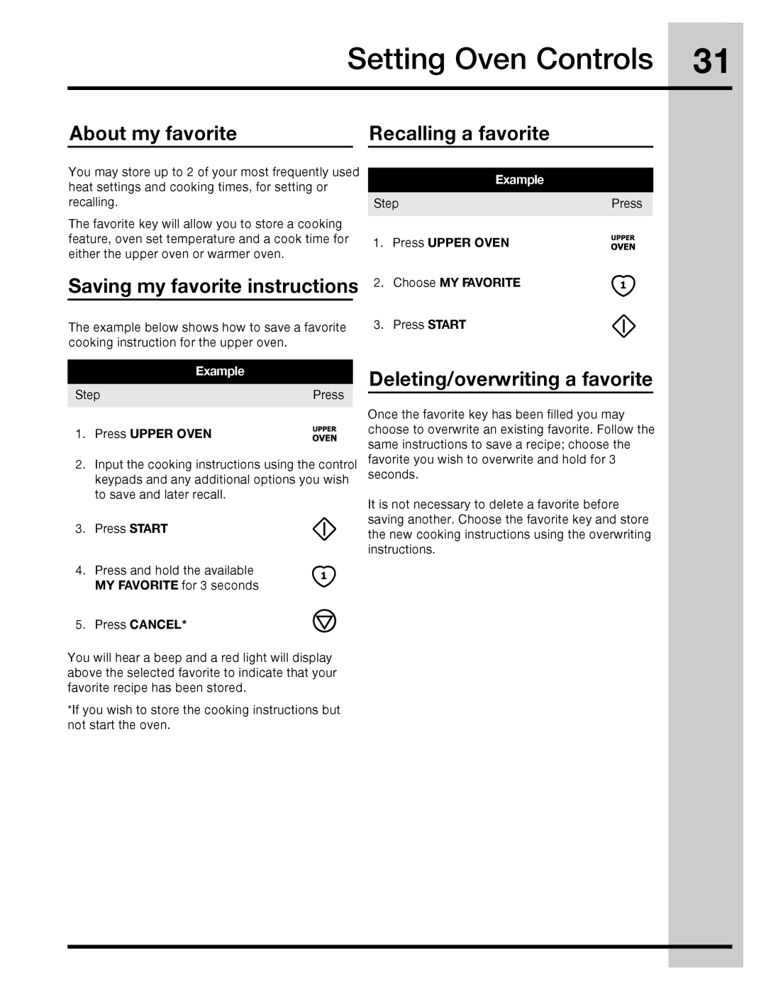 Electrolux 316471400 manual About my favorite Recalling a favorite, Saving my favorite instructions 