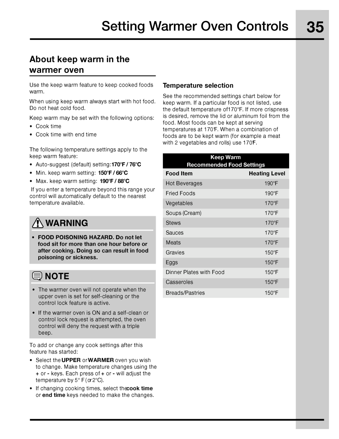 Electrolux 316471400 manual About keep warm in the warmer oven, Temperature selection, Keep Warm Recommended Food Settings 