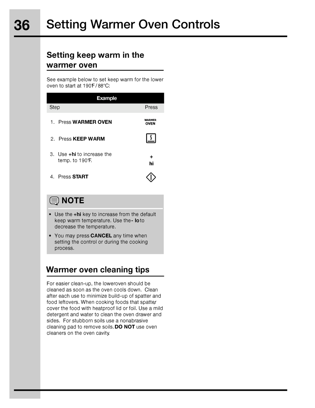 Electrolux 316471400 manual Setting keep warm in the warmer oven, Warmer oven cleaning tips, Press Warmer Oven 