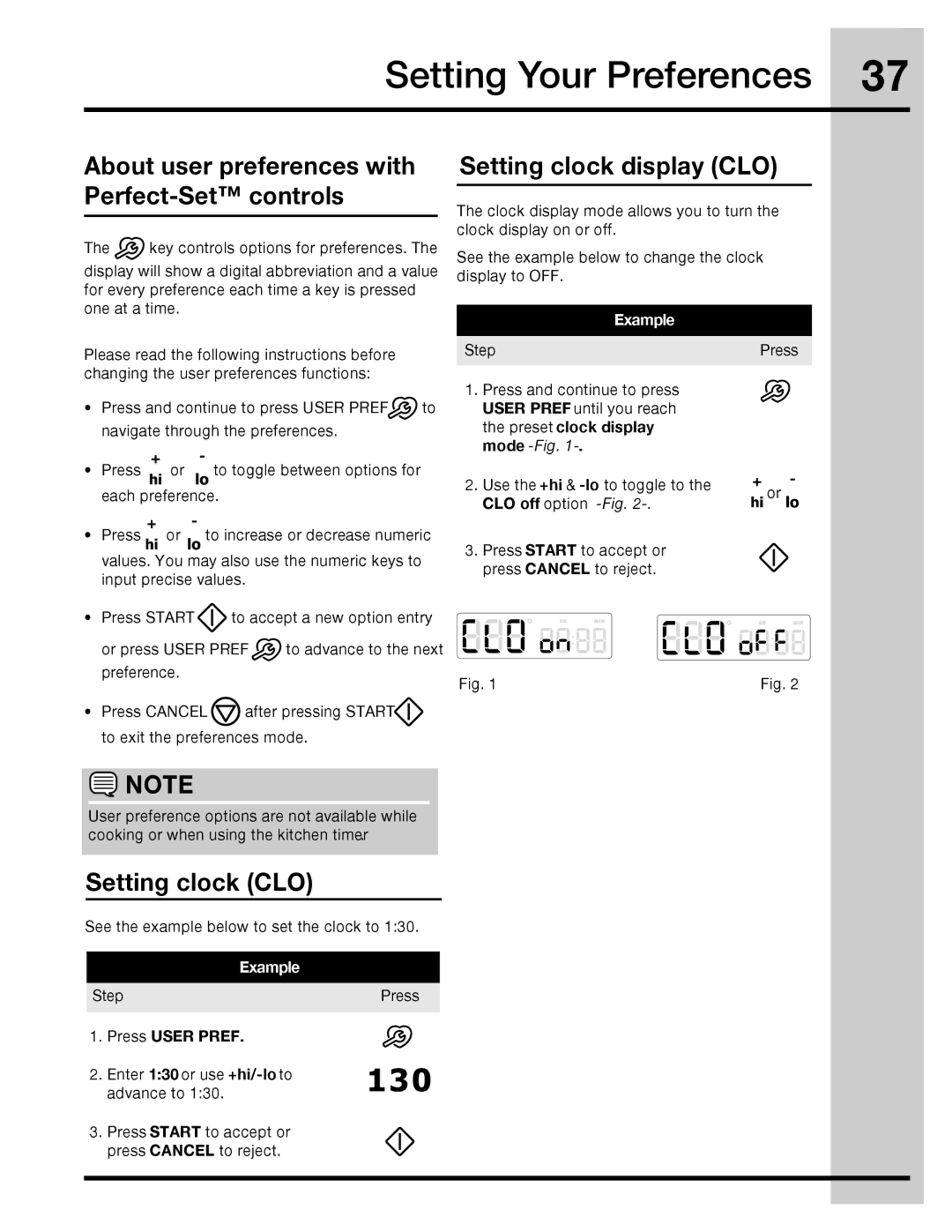 Electrolux 316471400 Setting Your Preferences, About user preferences with Perfect-Set controls, Setting clock display CLO 