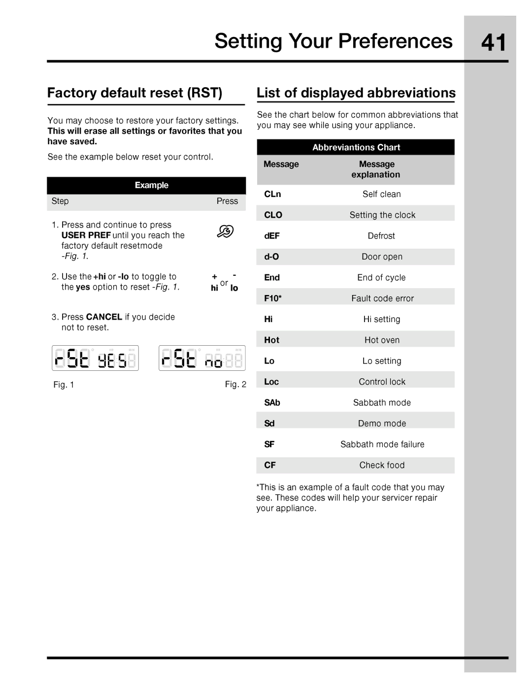 Electrolux 316471400 Factory default reset RST, List of displayed abbreviations, Abbreviantions Chart, Setting the clock 