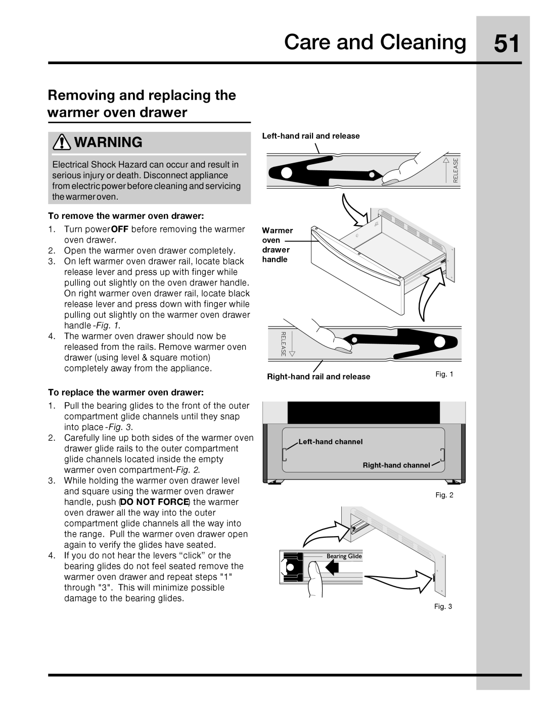 Electrolux 316471400 manual Removing and replacing the warmer oven drawer, To remove the warmer oven drawer 