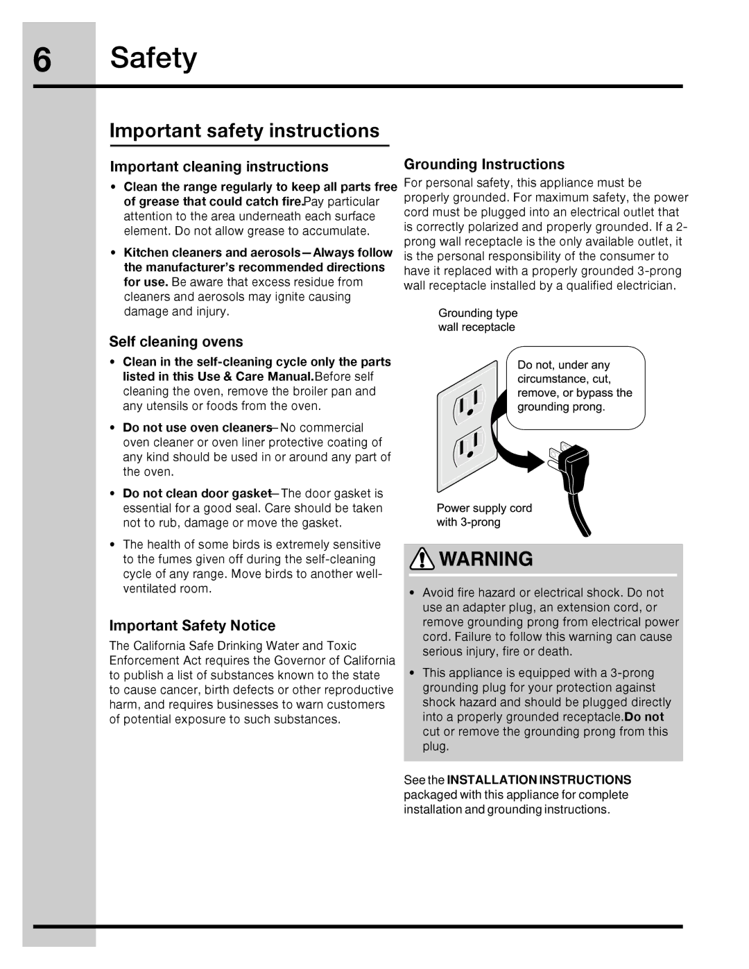 Electrolux 316471400 Important cleaning instructions, Grounding Instructions, Self cleaning ovens, Important Safety Notice 