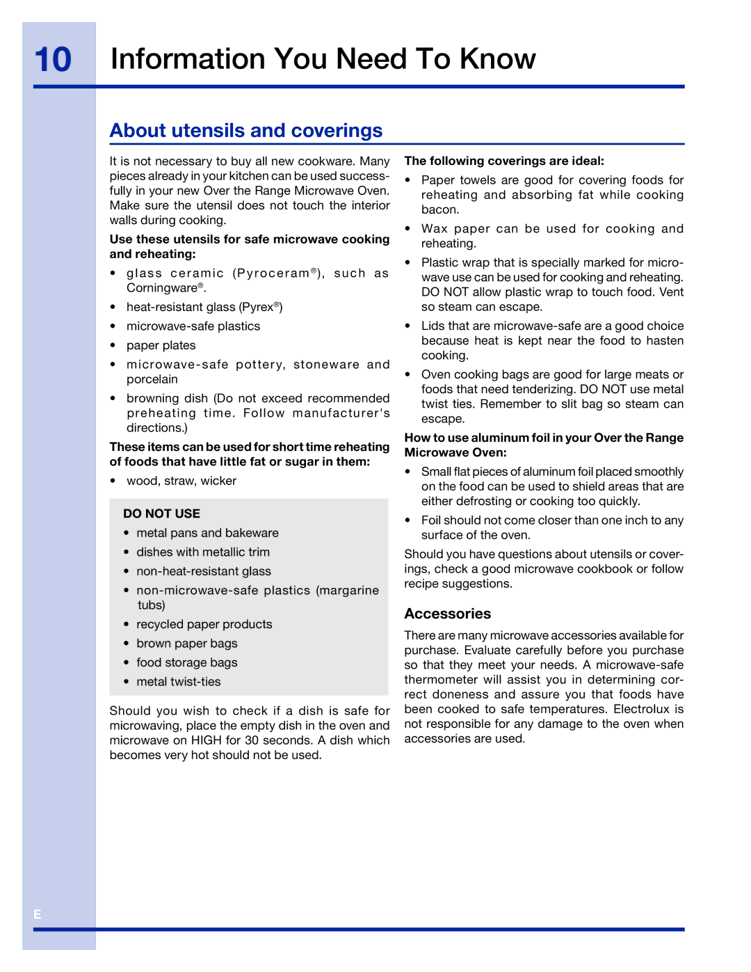 Electrolux 316495005 manual About utensils and coverings, Accessories, Following coverings are ideal 
