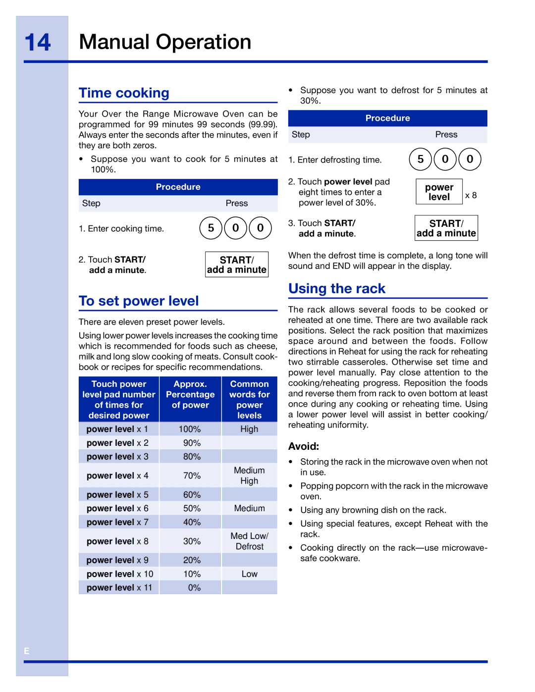 Electrolux 316495005 manual Manual Operation, Time cooking, To set power level, Using the rack, Avoid 