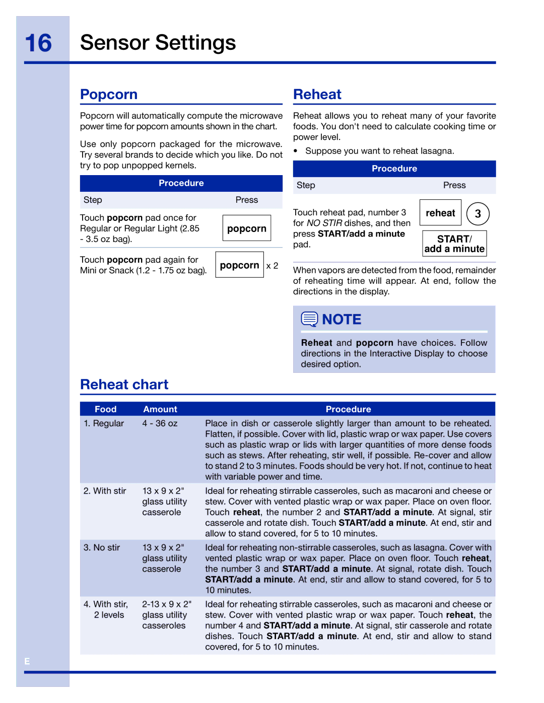 Electrolux 316495005 manual PopcornReheat, Reheat chart, Press START/add a minute, Food Amount Procedure 