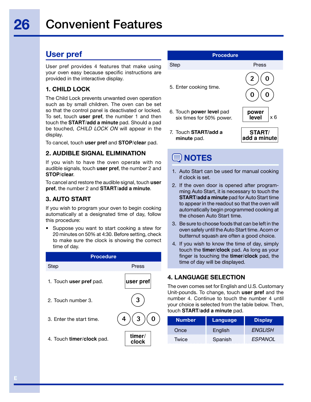 Electrolux 316495005 manual Convenient Features, User pref, Number Language Display 