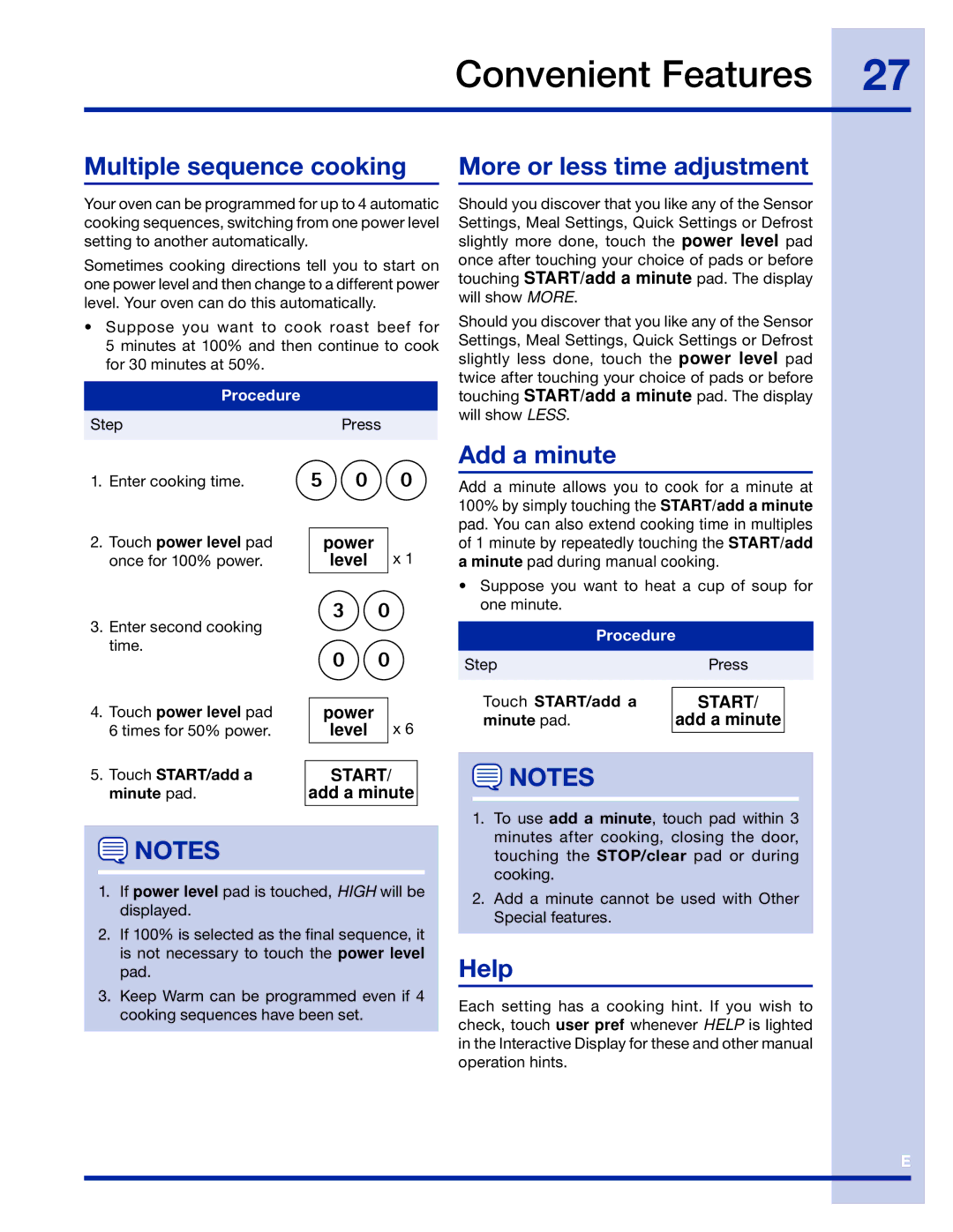 Electrolux 316495005 manual Multiple sequence cooking, More or less time adjustment, Add a minute, Help 