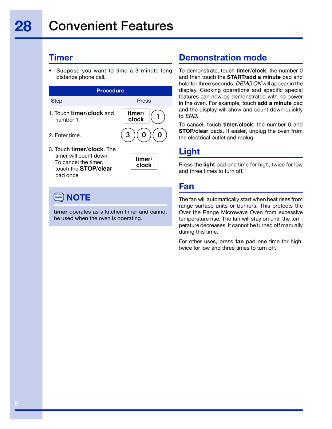 Electrolux 316495005 manual Timer, Demonstration mode, Light, Fan 