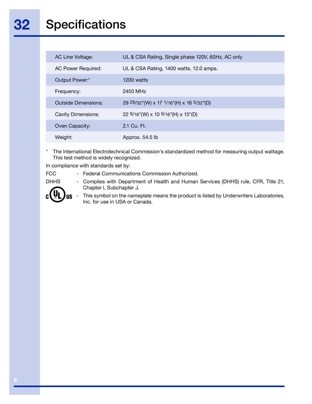 Electrolux 316495005 manual Specifications, Dhhs 