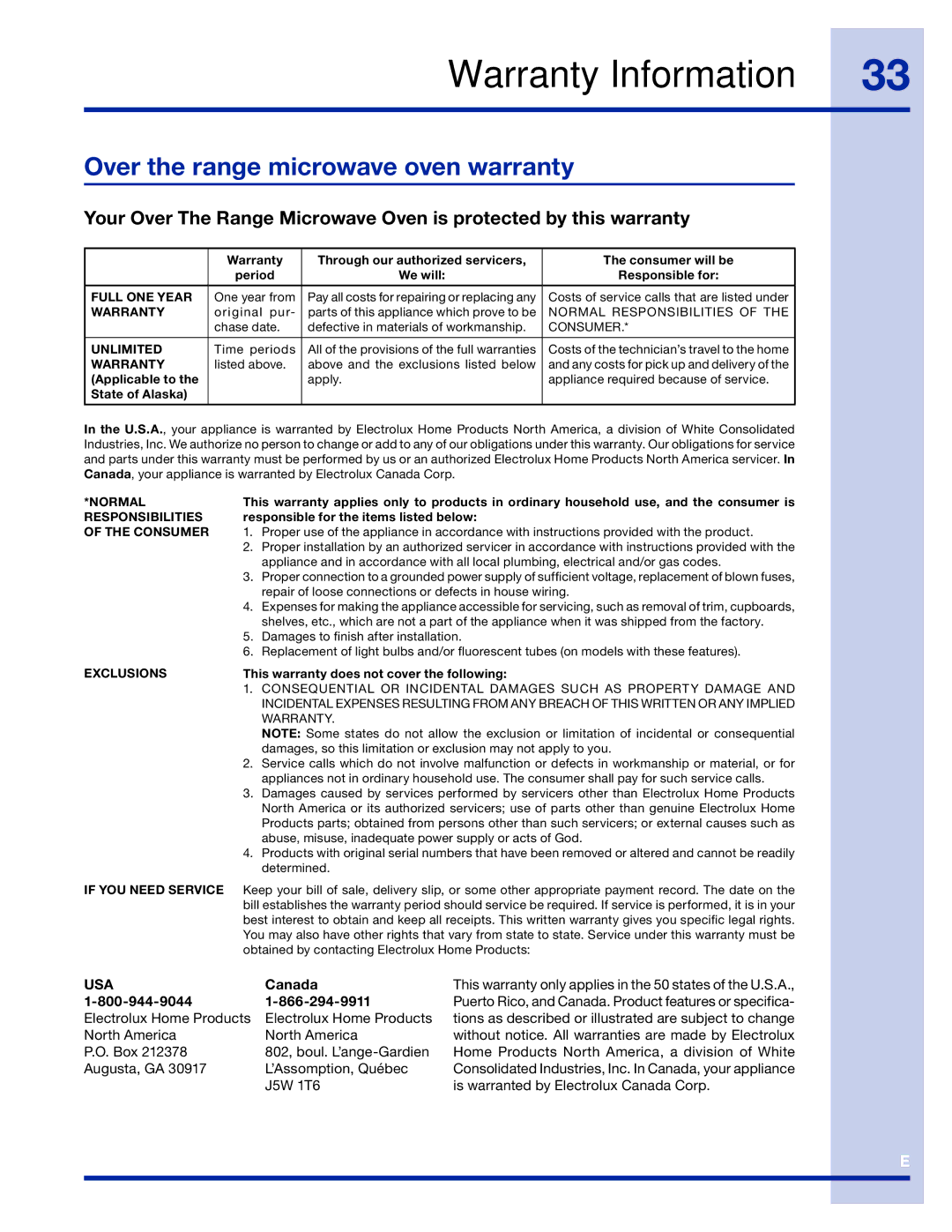 Electrolux 316495005 manual Warranty Information, Over the range microwave oven warranty 