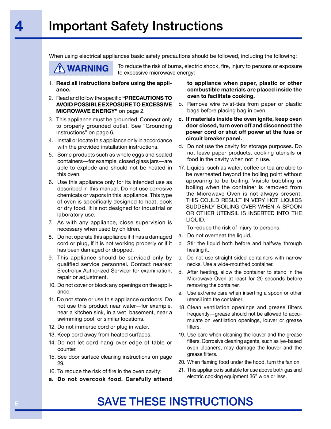 Electrolux 316495005 manual Important Safety Instructions, Read all instructions before using the appli- ance 