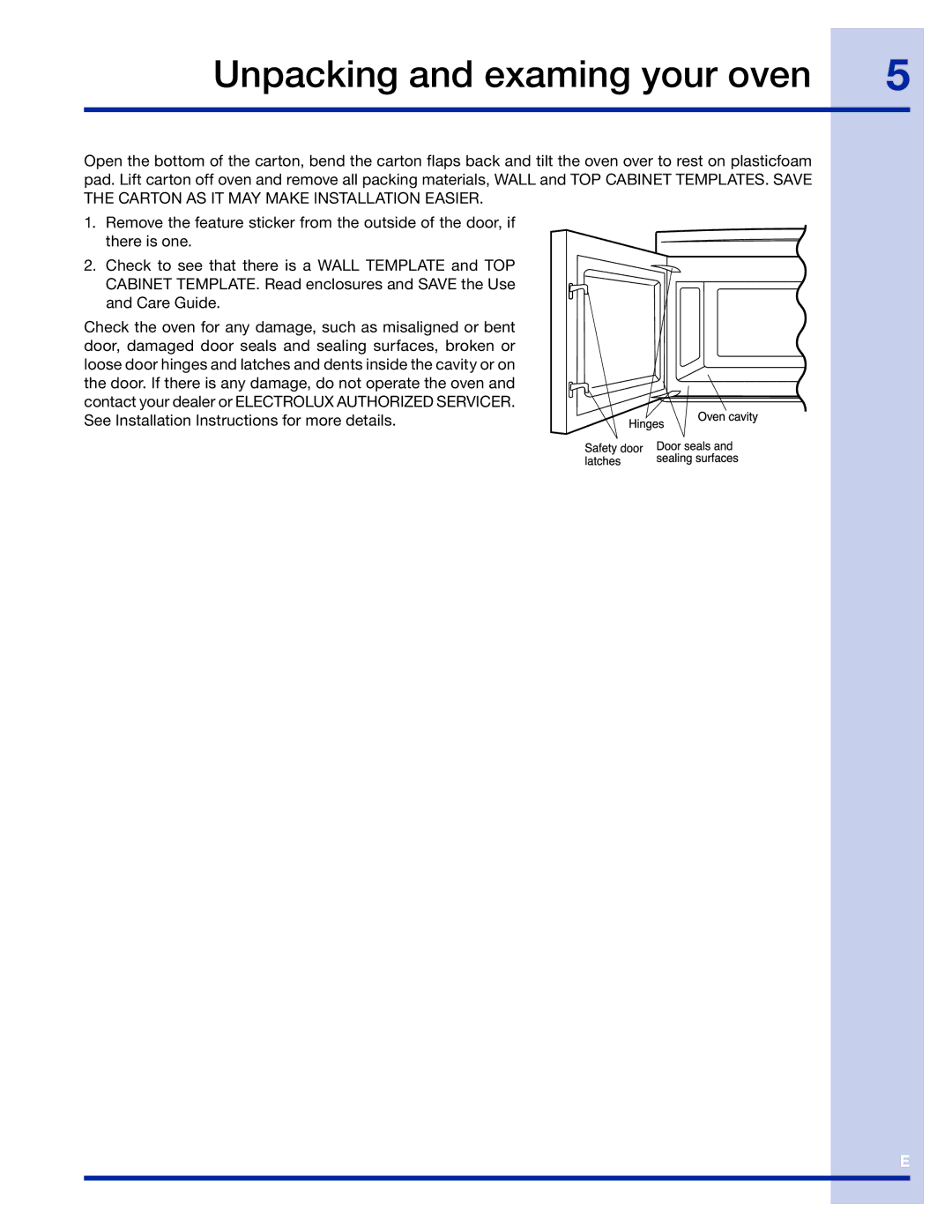 Electrolux 316495005 manual Unpacking and examing your oven 