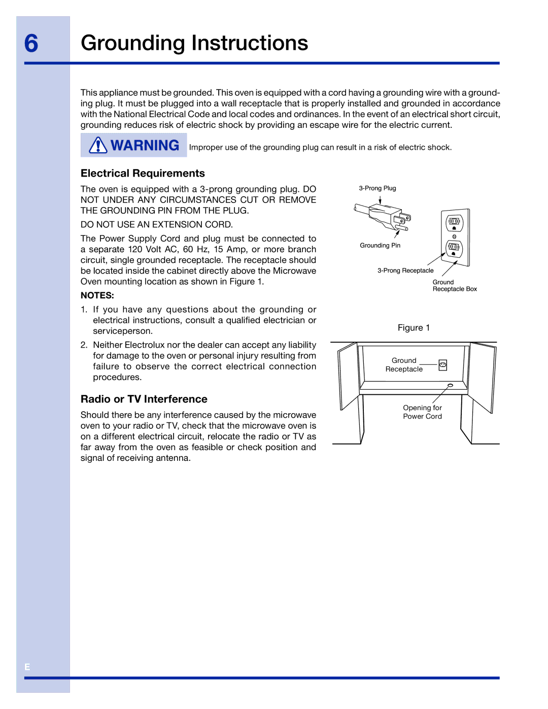 Electrolux 316495005 manual  Grounding Instructions, Electrical Requirements, Radio or TV Interference 