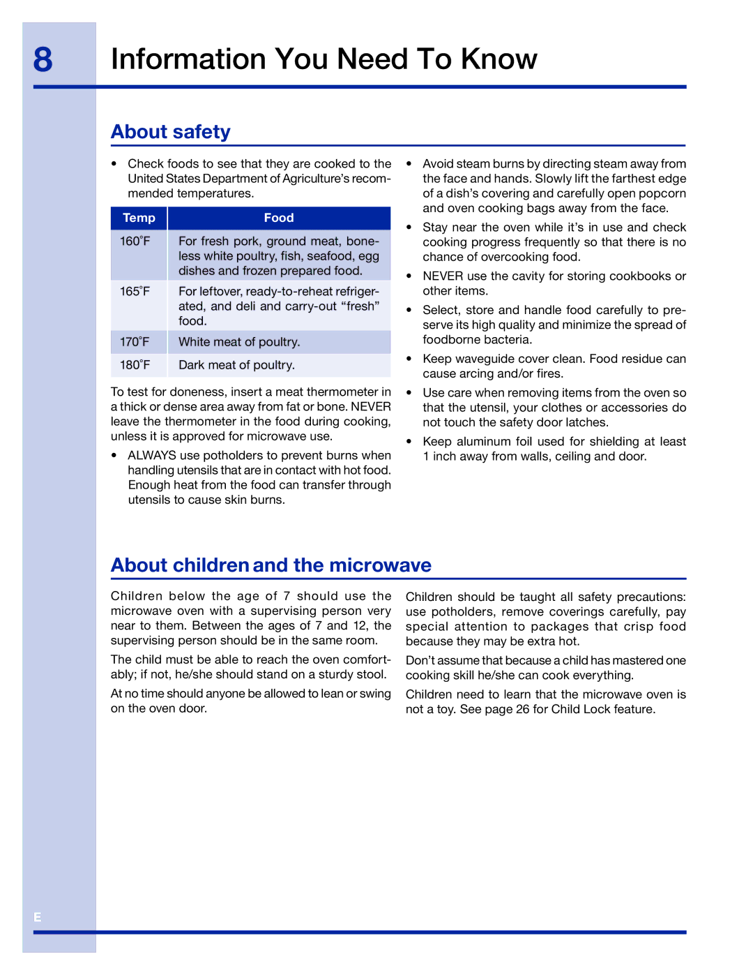 Electrolux 316495005 manual About safety, About children and the microwave, Temp Food 