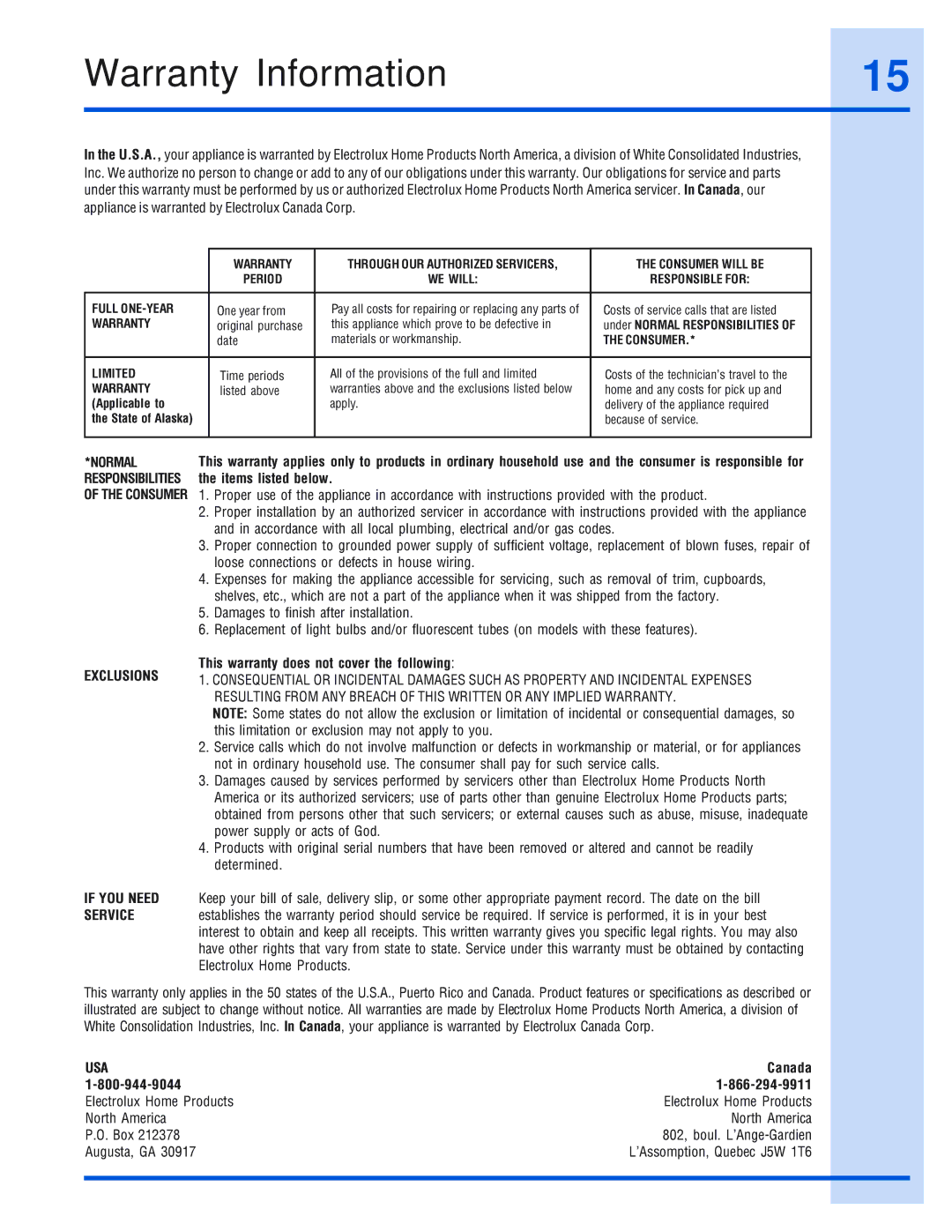 Electrolux 316495008 installation instructions Warranty Information 