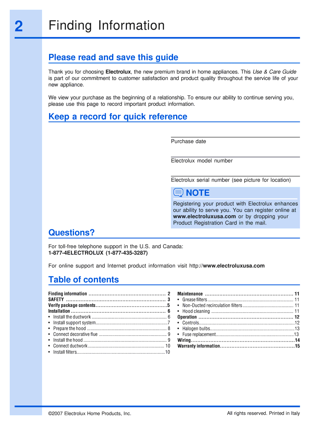 Electrolux 316495008 Finding Information, Please read and save this guide, Keep a record for quick reference, Questions? 