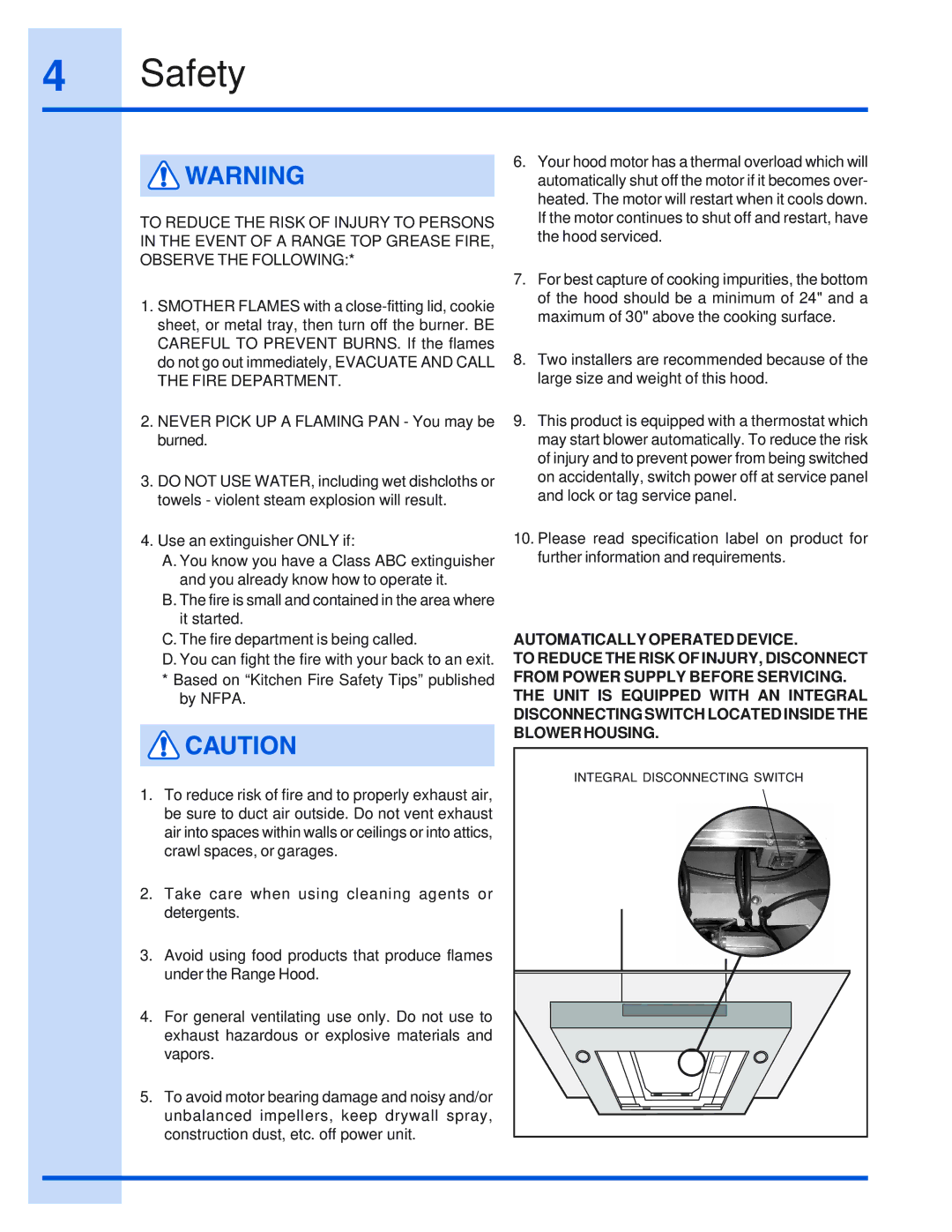 Electrolux 316495008 installation instructions Integral Disconnecting Switch 