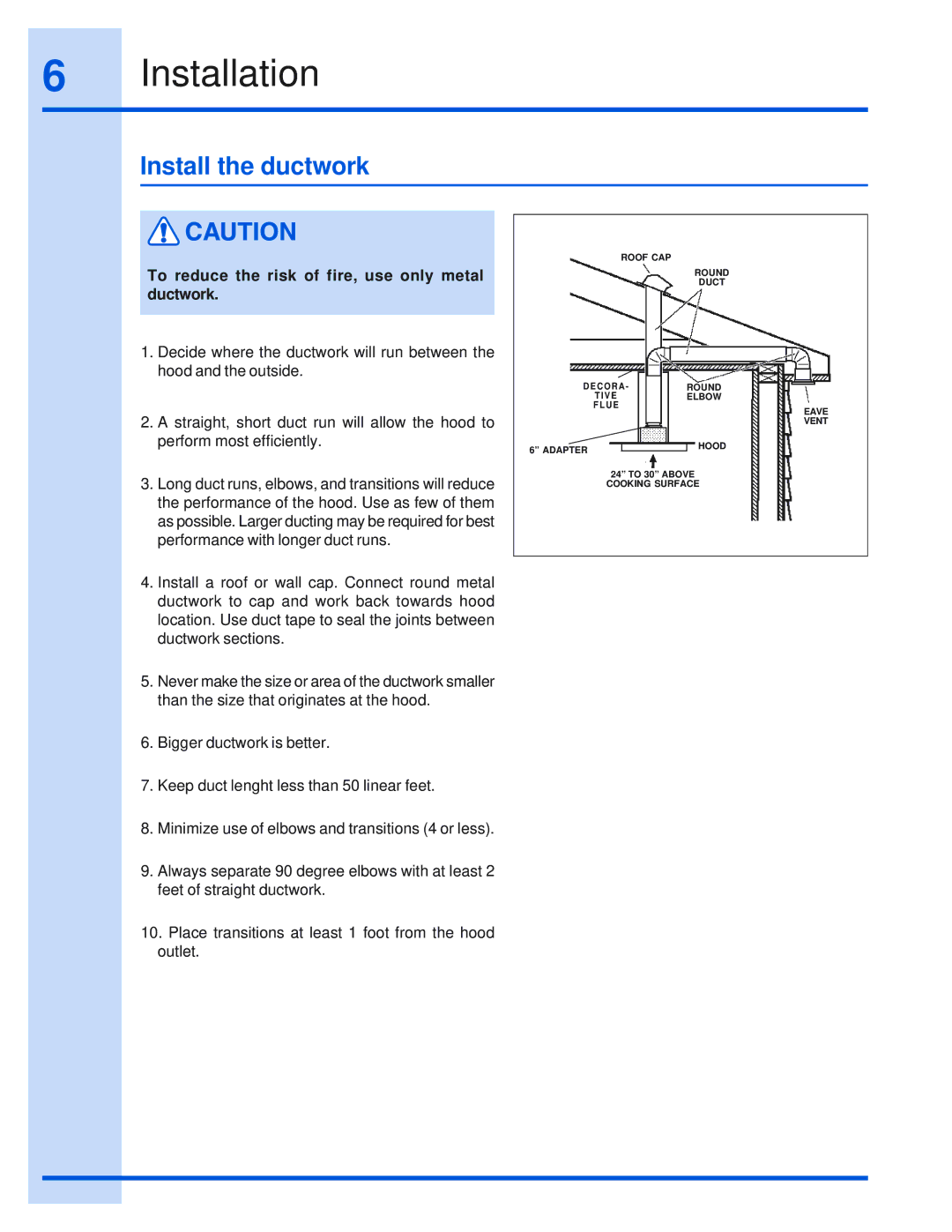 Electrolux 316495008 installation instructions Installation, Install the ductwork 