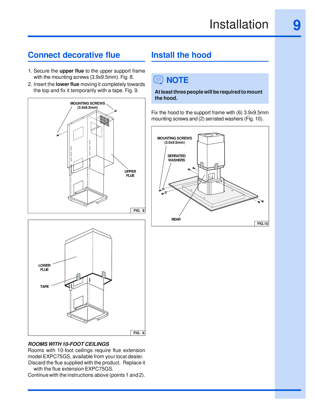 Electrolux 316495008 installation instructions Connect decorative flue, Install the hood 