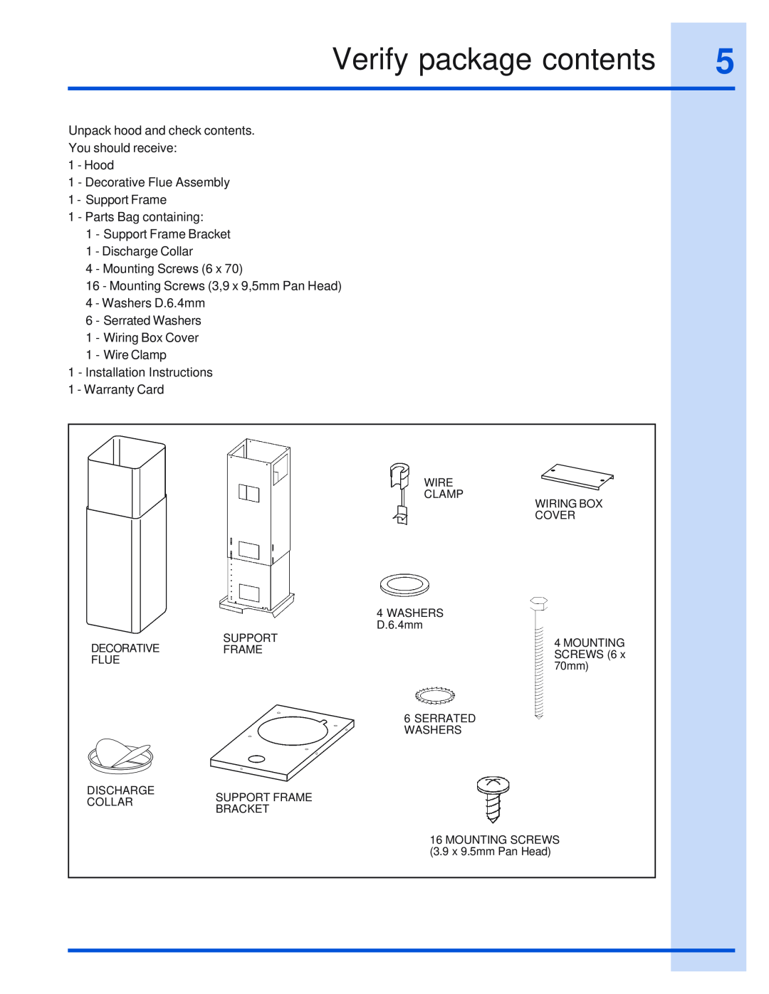 Electrolux 316495008 installation instructions Verify package contents 