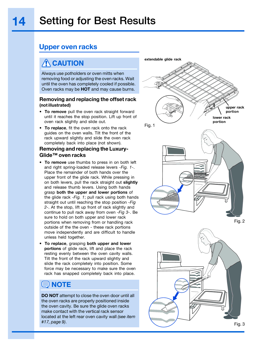 Electrolux 316520001 manual Removing and replacing the offset rack, Removing and replacing the Luxury- Glide oven racks 