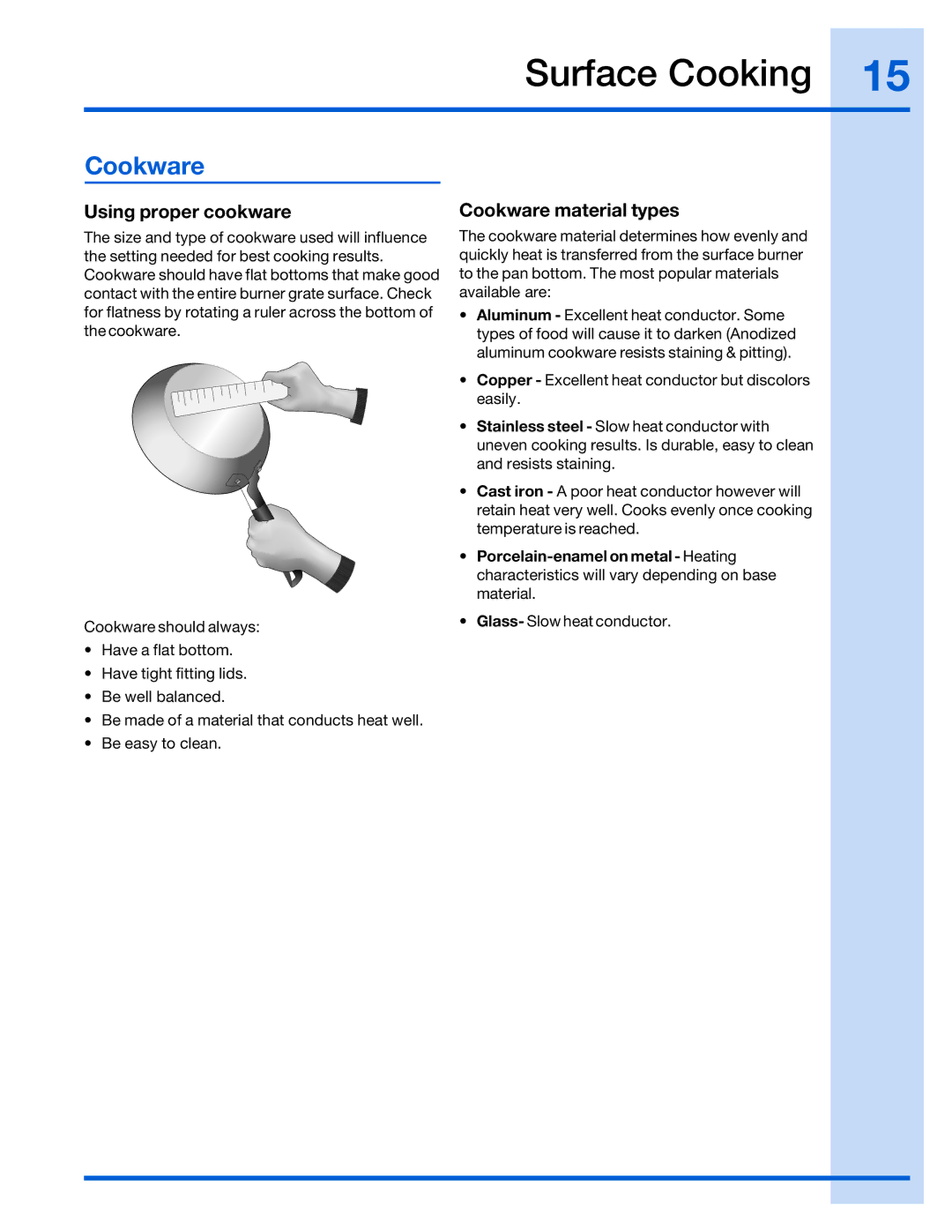 Electrolux 316520001 manual Surface Cooking, Using proper cookware, Cookware material types 