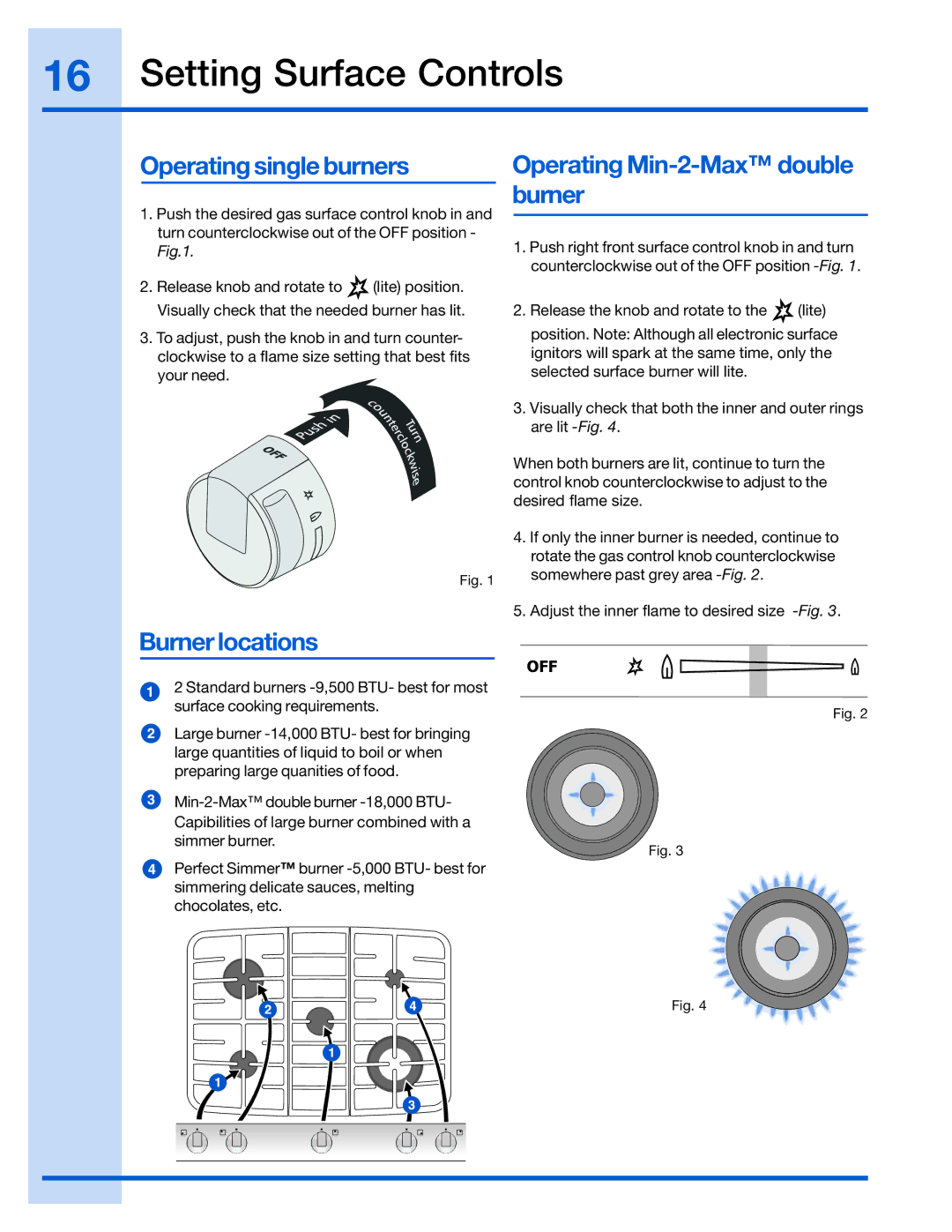 Electrolux 316520001 manual Setting Surface Controls, Operating single burners, Operating Min-2-Maxdouble burner 