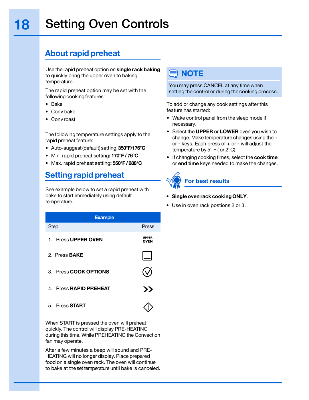 Electrolux 316520001 manual Setting Oven Controls, About rapid preheat, Setting rapid preheat 