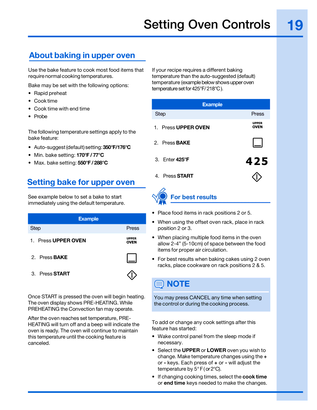 Electrolux 316520001 manual About baking in upper oven, Setting bake for upper oven 