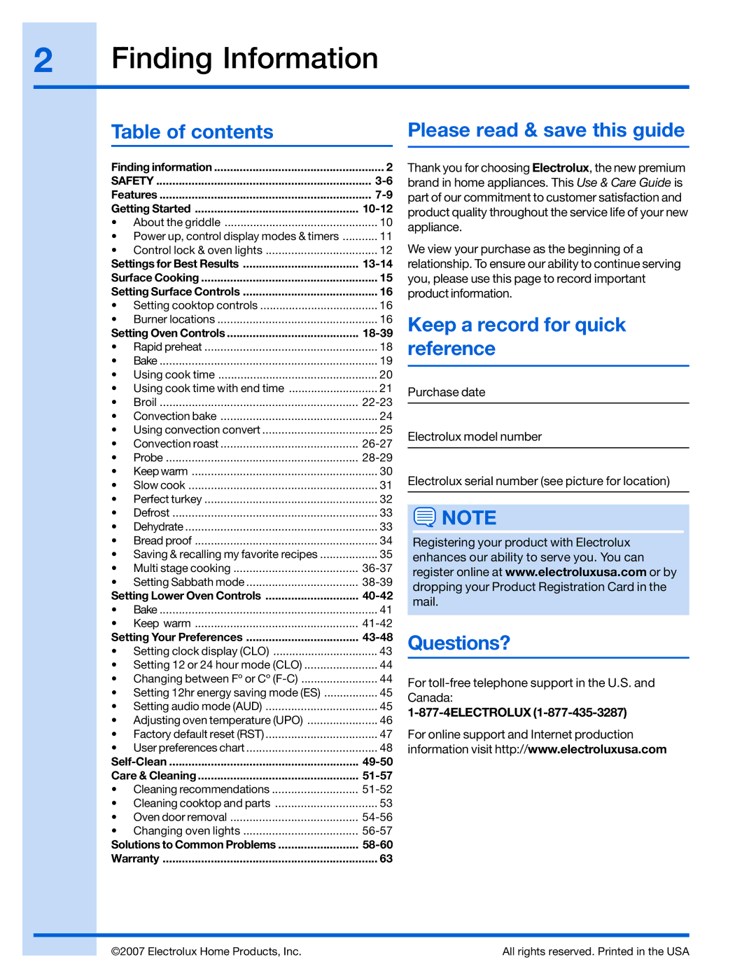 Electrolux 316520001 manual Finding Information, Table of contents Please read & save this guide, Questions? 