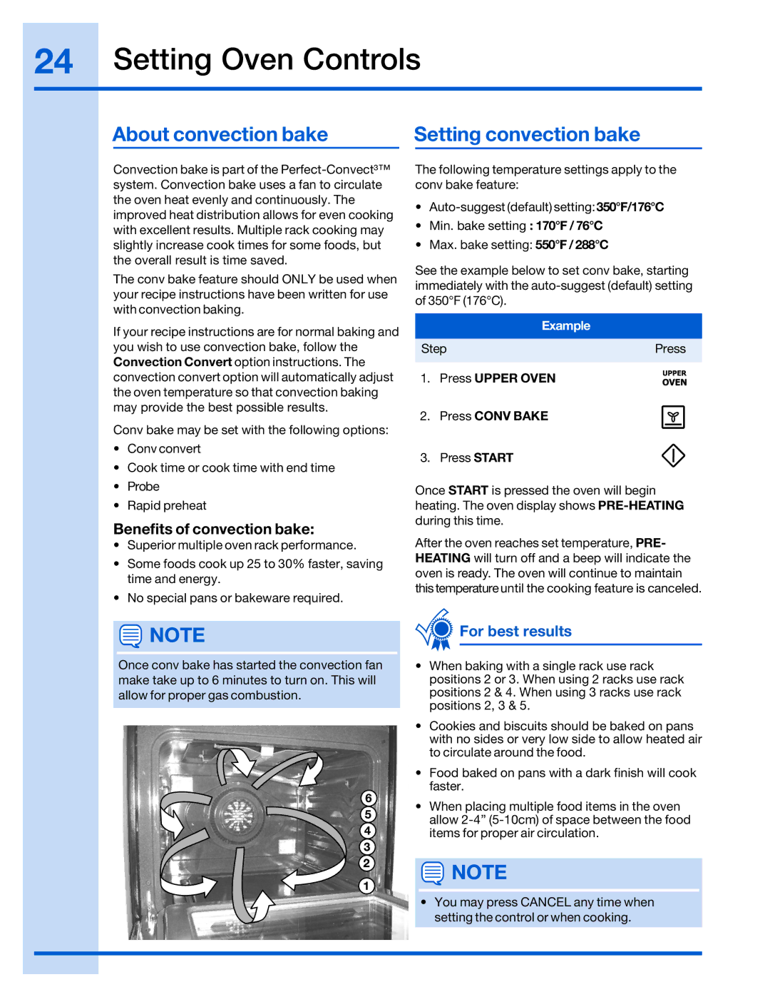 Electrolux 316520001 manual About convection bake Setting convection bake, Benefits of convection bake 