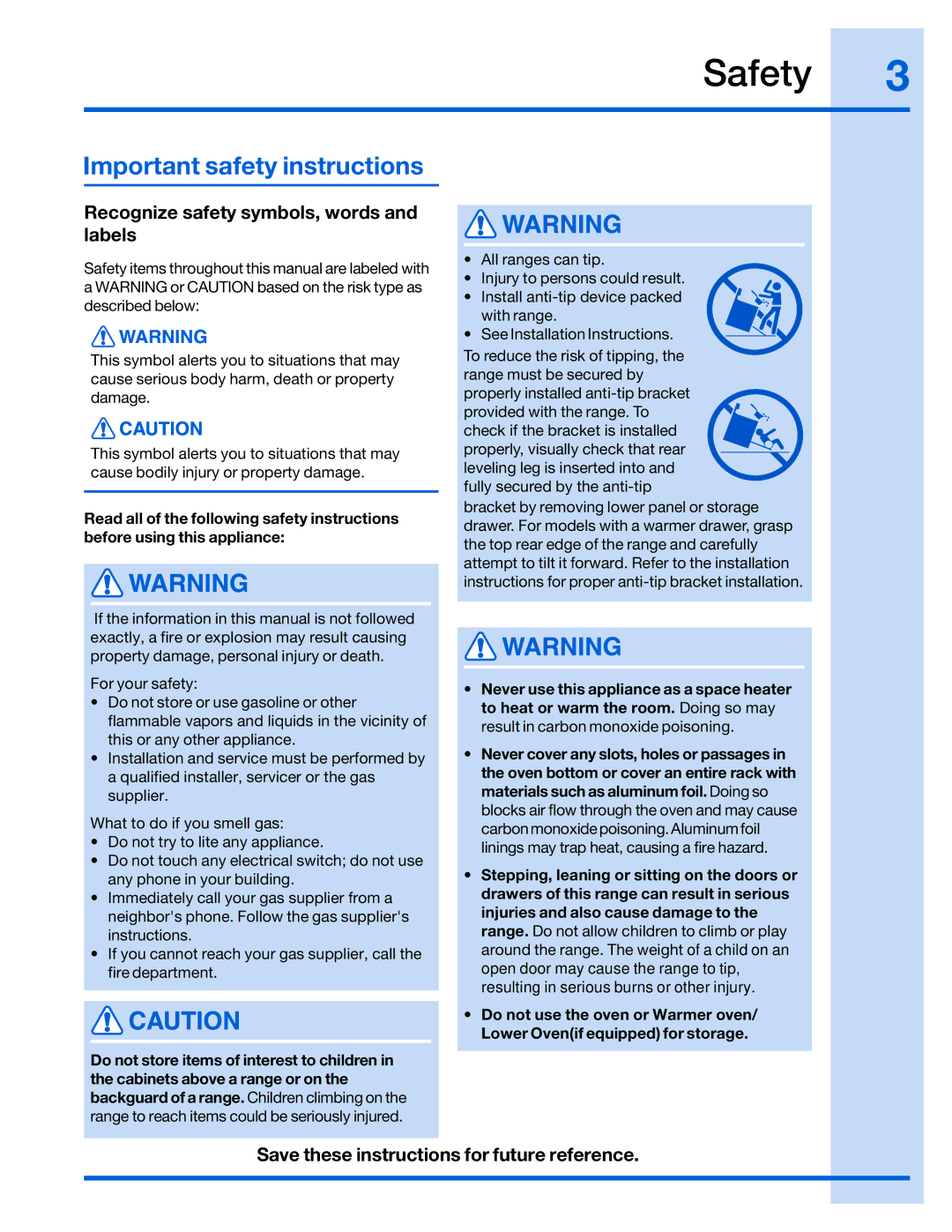 Electrolux 316520001 manual Safety, Important safety instructions, Recognize safety symbols, words and labels 