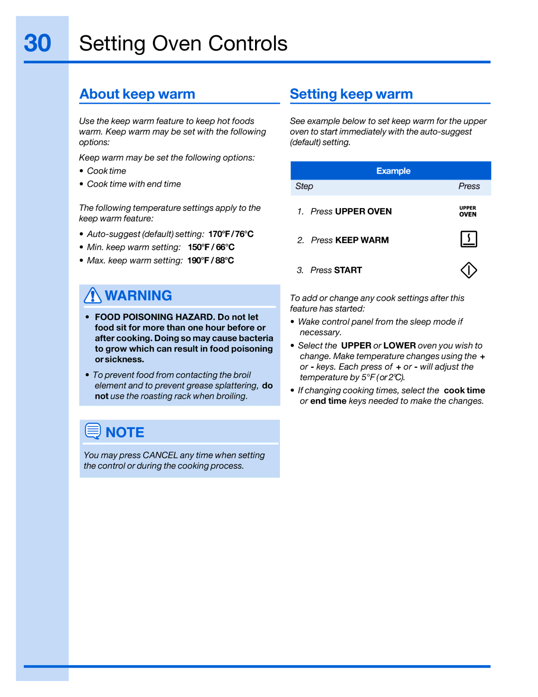 Electrolux 316520001 manual About keep warm, Setting keep warm 