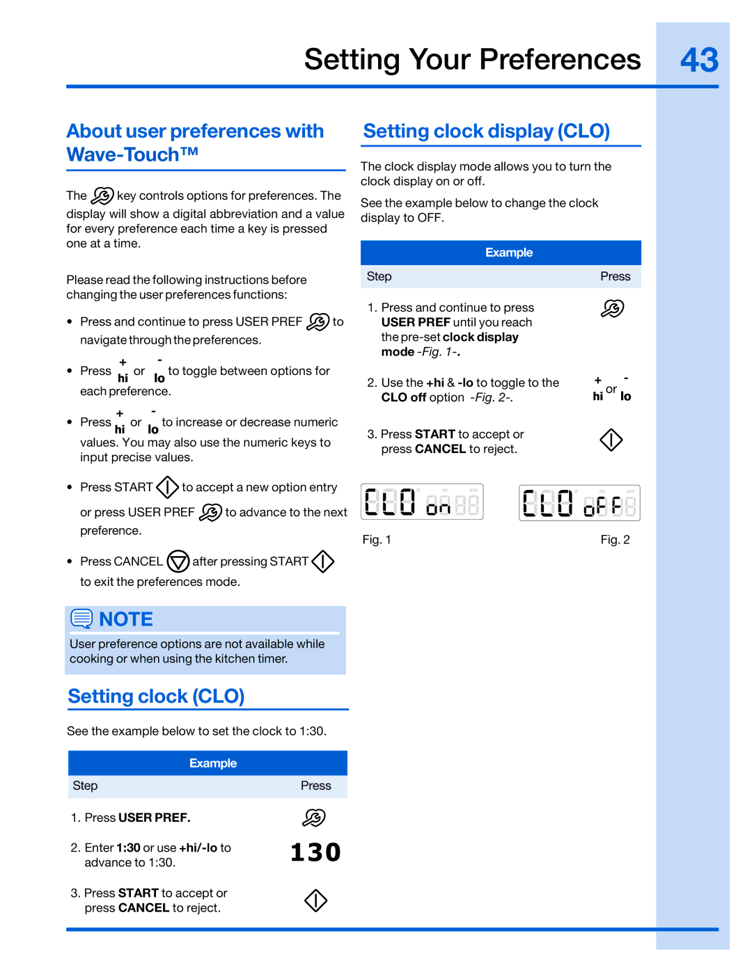 Electrolux 316520001 Setting Your Preferences, About user preferences with Wave-Touch, Setting clock CLO, Press User Pref 