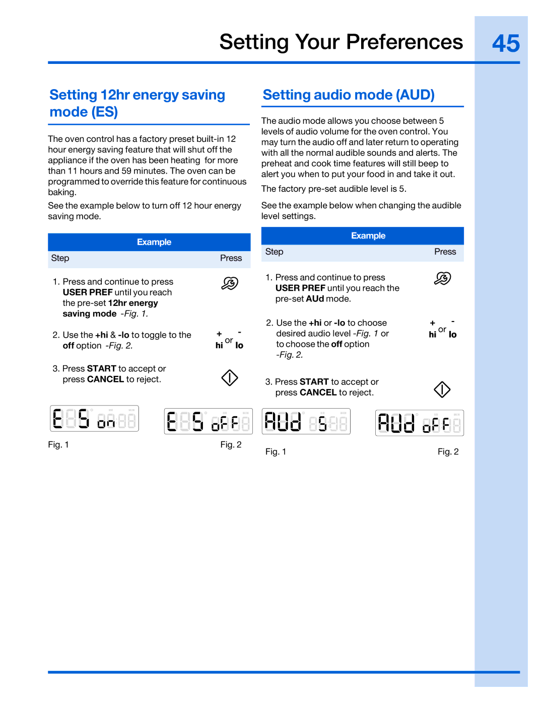 Electrolux 316520001 manual Setting 12hr energy saving mode ES, Setting audio mode AUD, Saving mode -Fig 