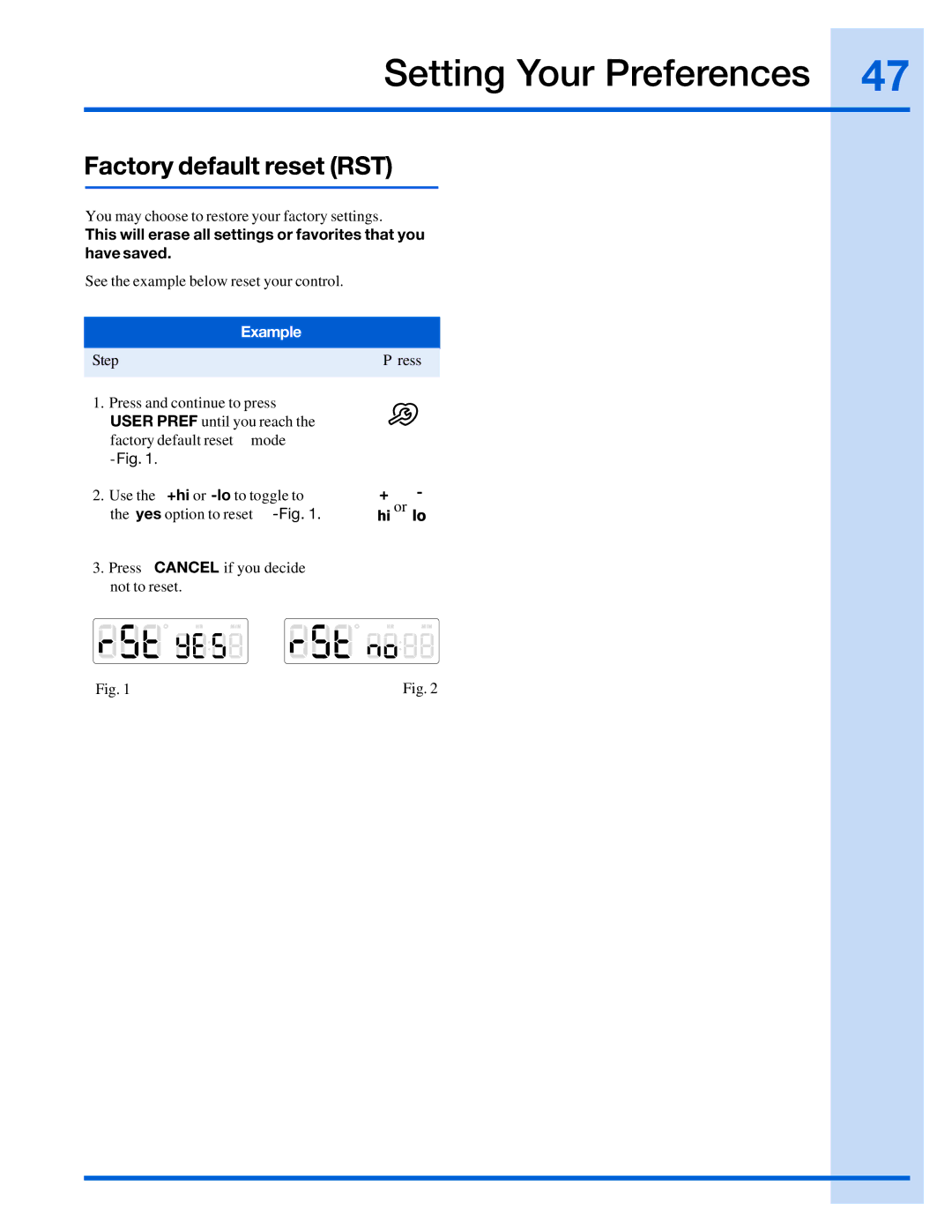 Electrolux 316520001 manual Factory default reset RST 