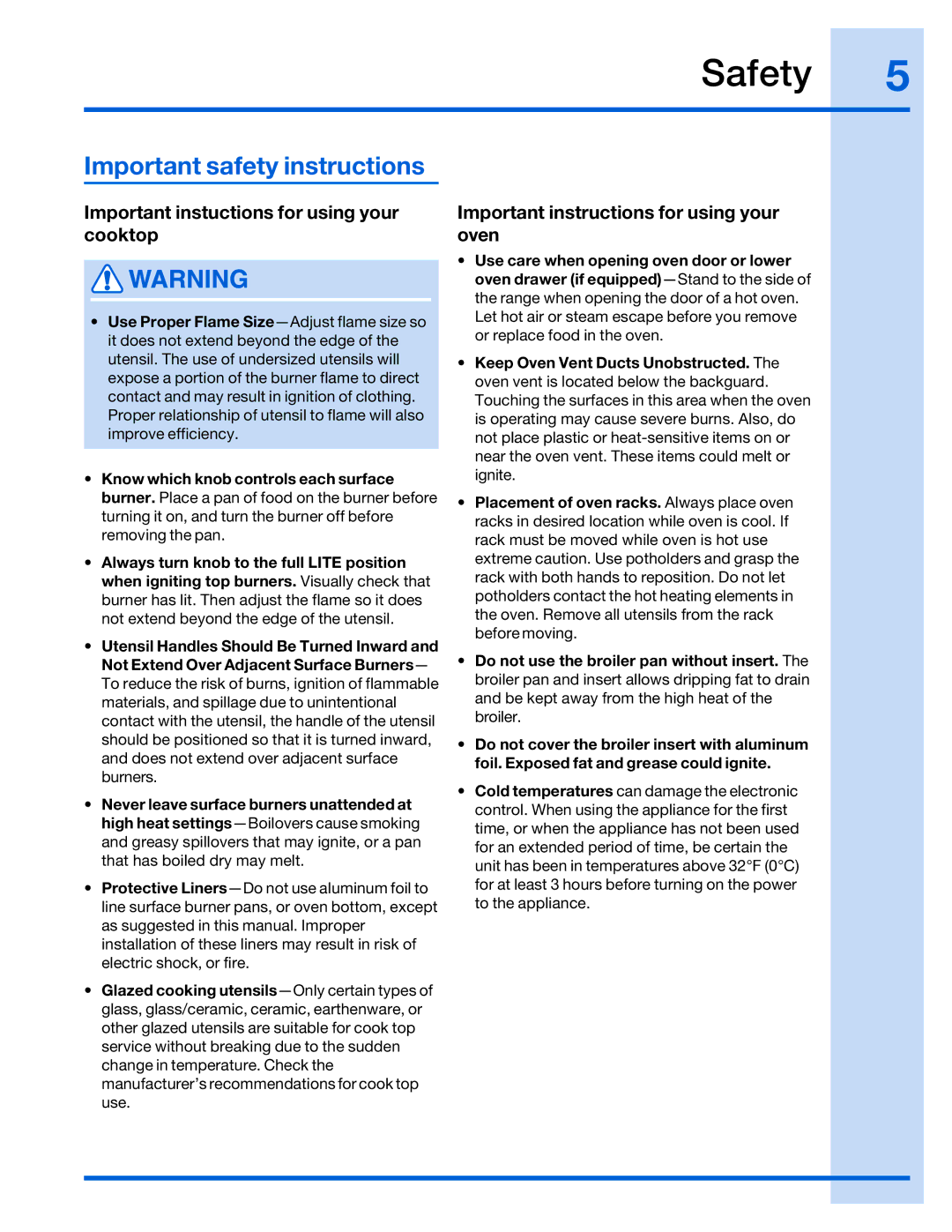 Electrolux 316520001 manual Important instuctions for using your cooktop, Important instructions for using your oven 