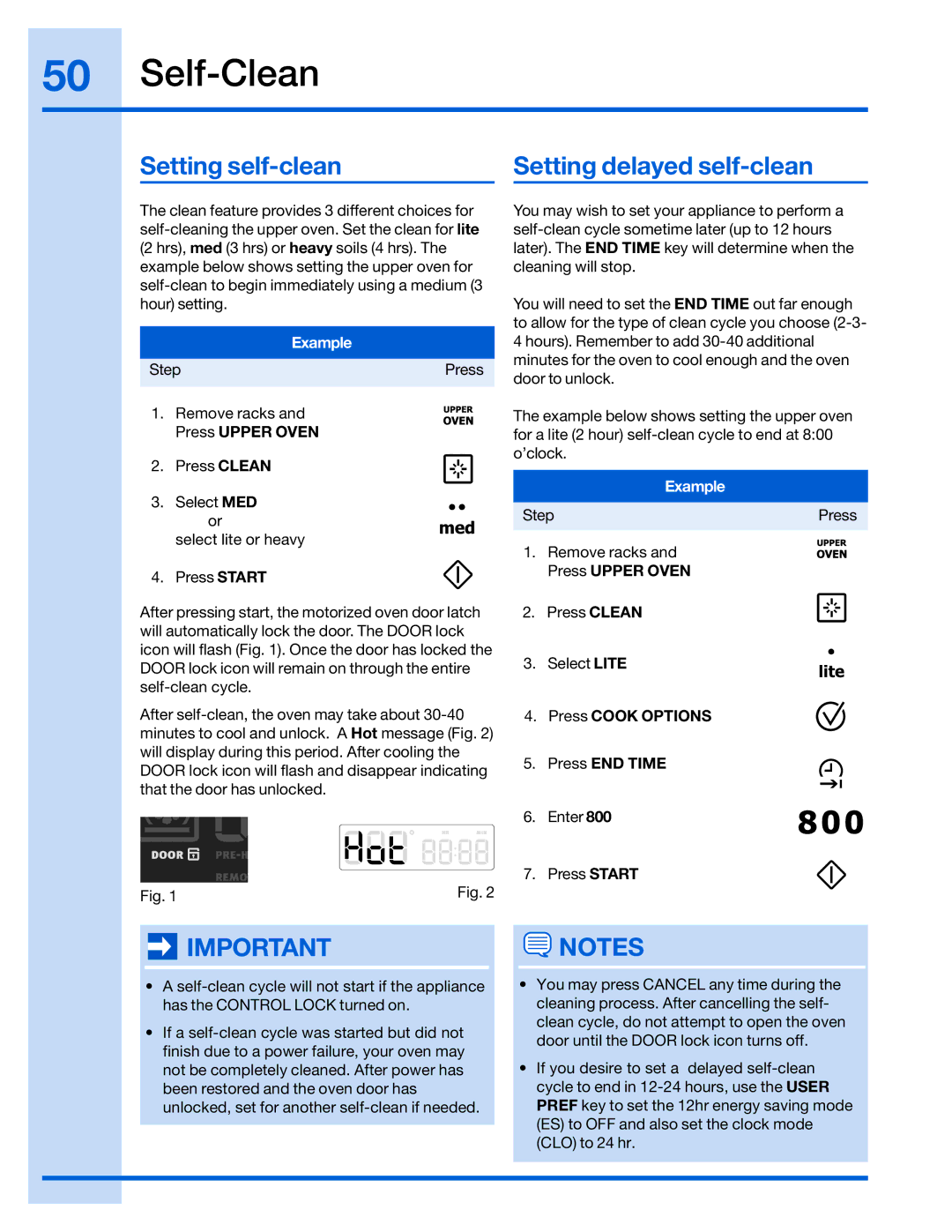 Electrolux 316520001 manual Setting self-clean Setting delayed self-clean, Example 