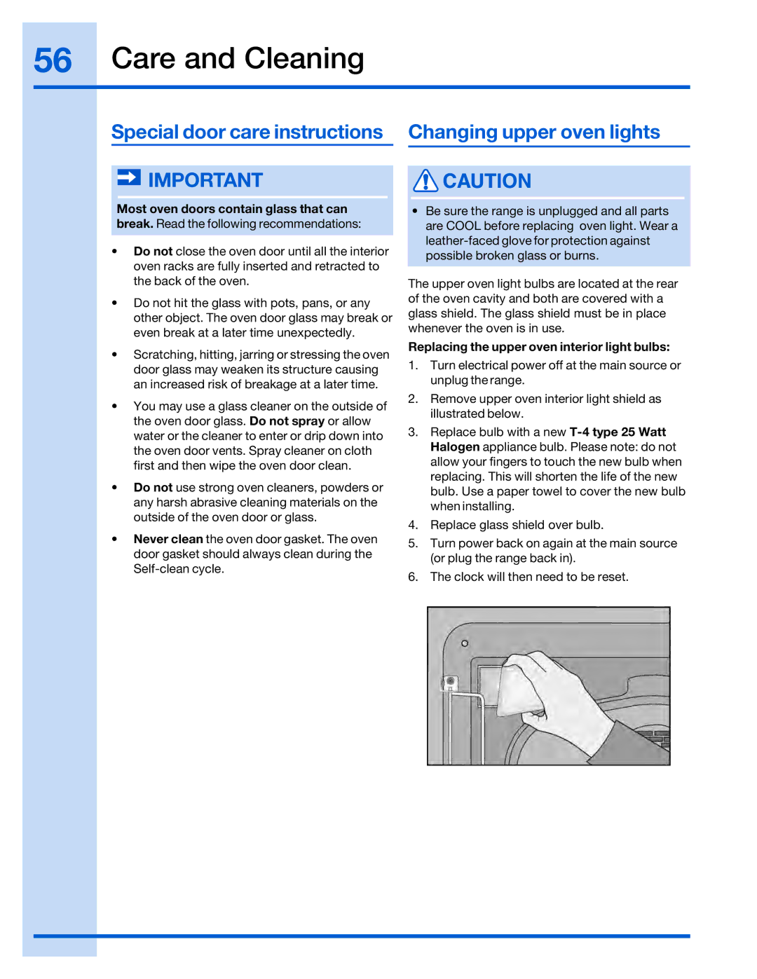 Electrolux 316520001 manual Special door care instructions, Changing upper oven lights 