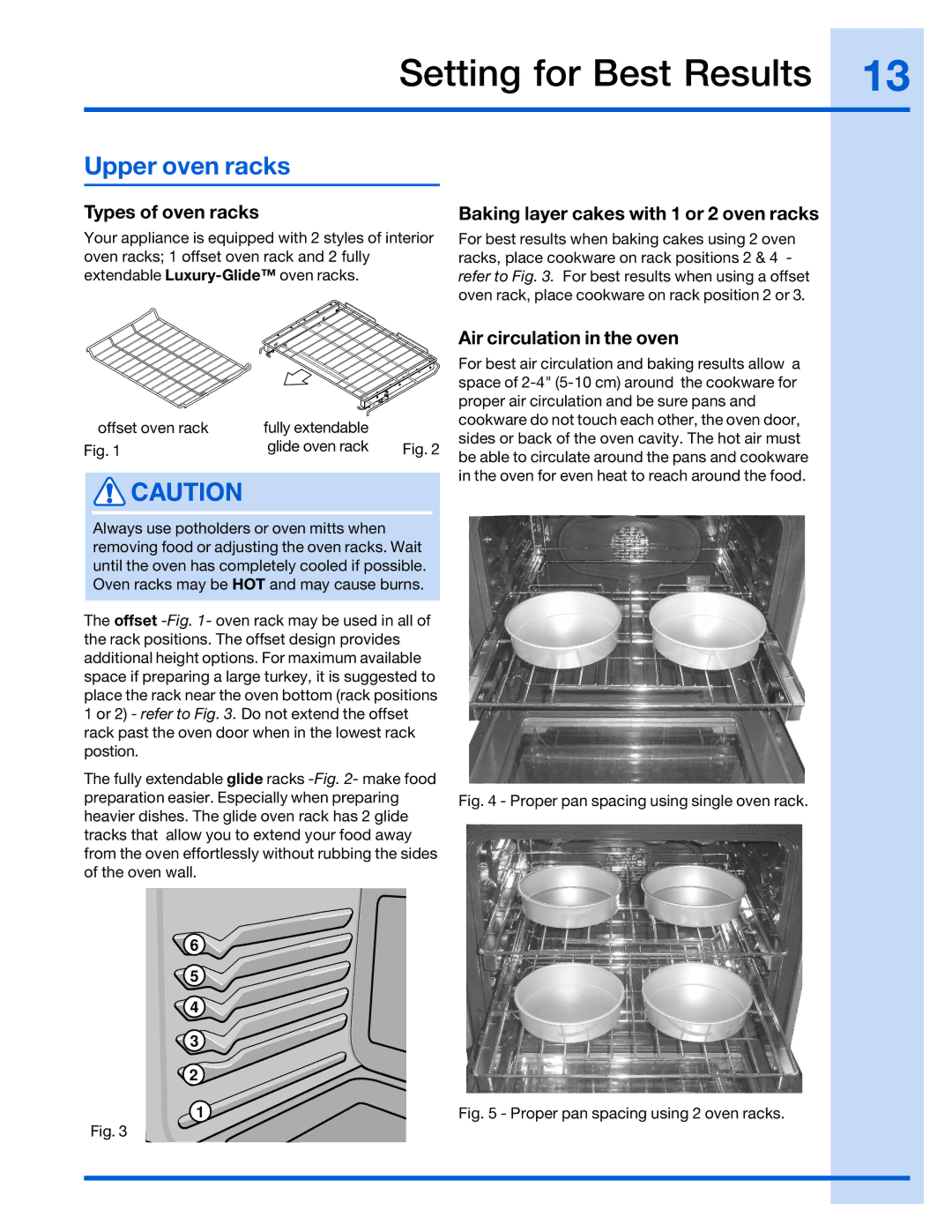 Electrolux 316520002 manual Setting for Best Results, Upper oven racks, Types of oven racks, Air circulation in the oven 