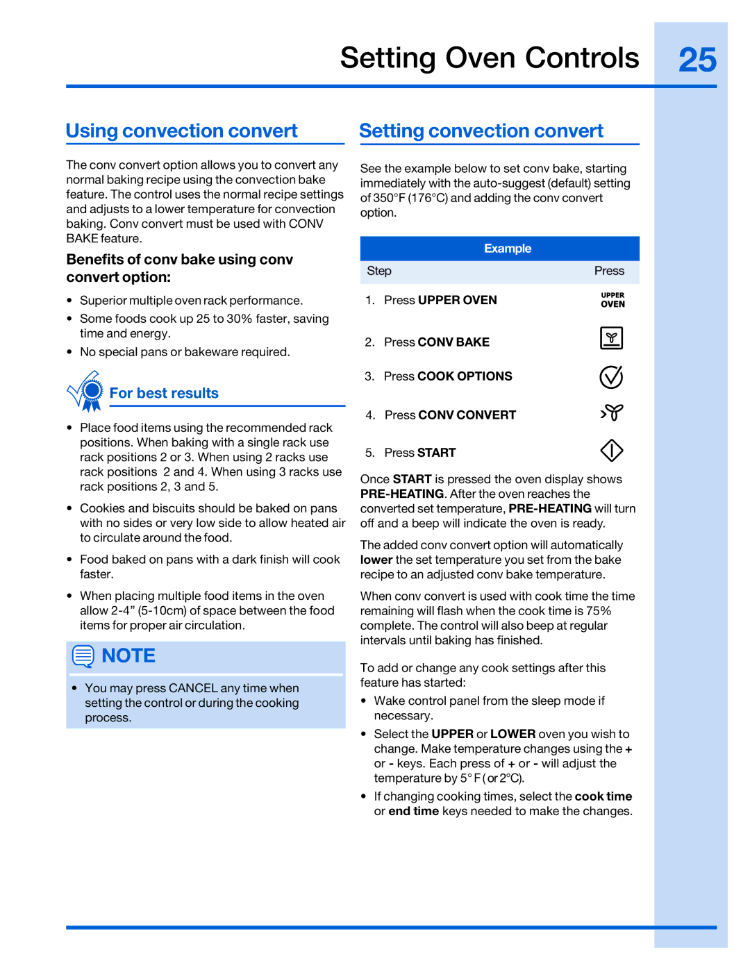 Electrolux 316520002 Using convection convert Setting convection convert, Benefits of conv bake using conv convert option 