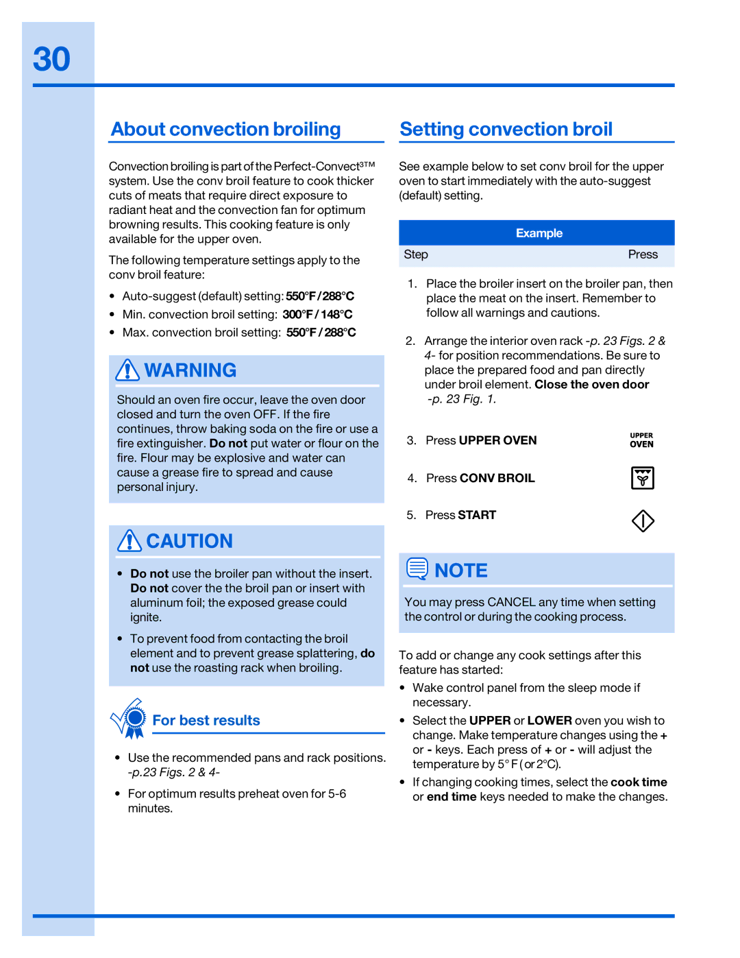 Electrolux 316520002 manual About convection broiling Setting convection broil, Press Upper Oven Press Conv Broil 